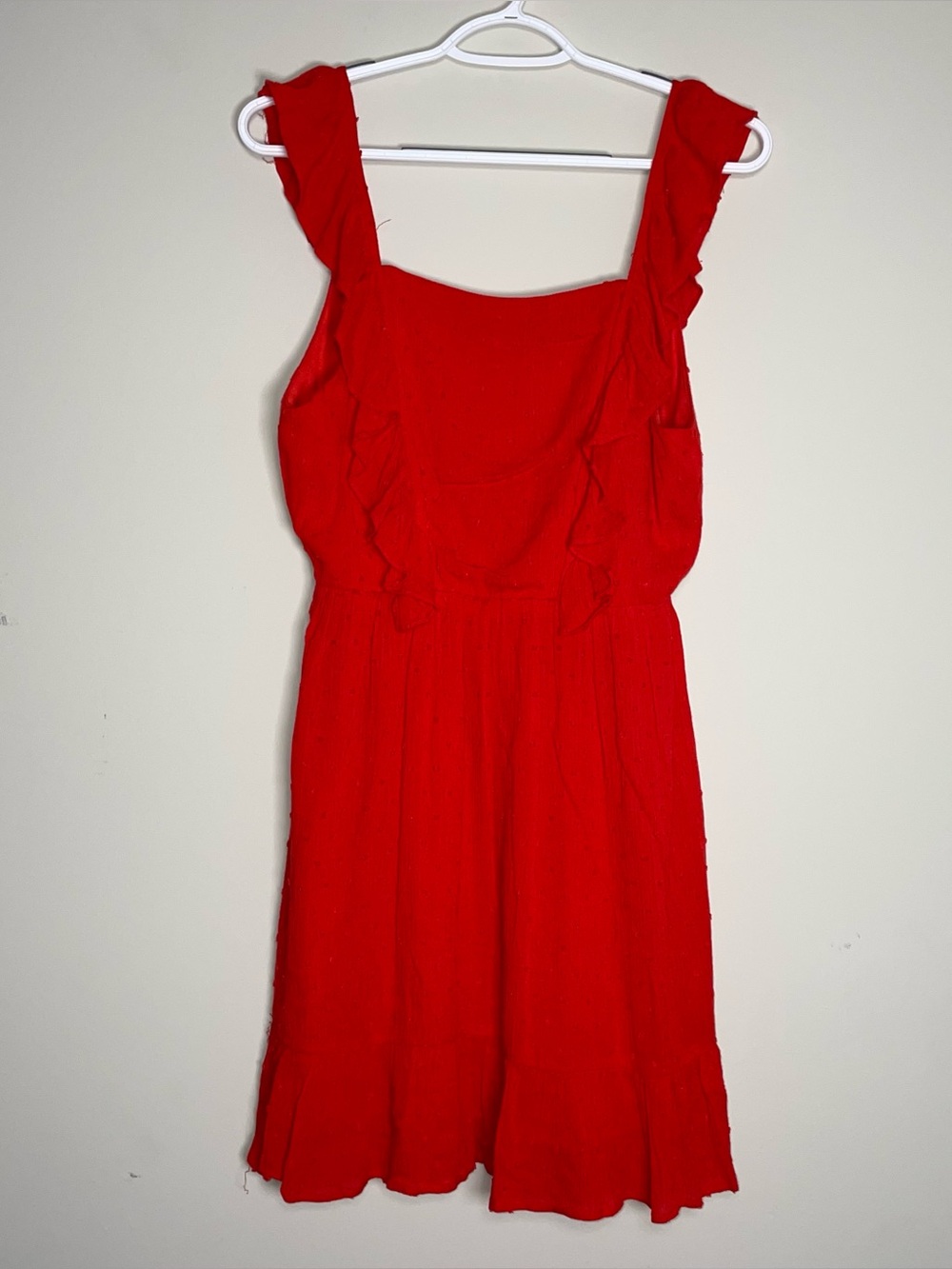 Altar’d State S Bright Red Textured Polka Dot Fit N Flare Ruffle Hem Dress